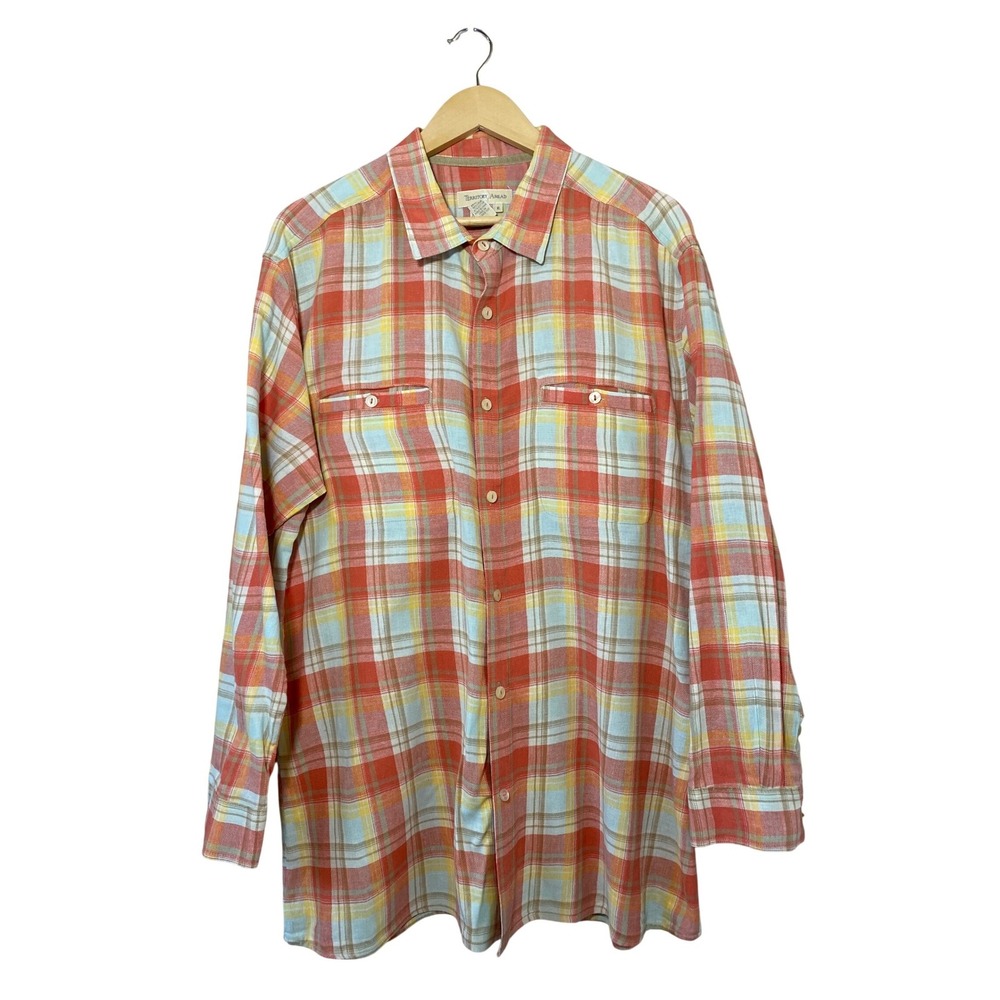 Territory‎ Ahead Men Plaid Button Down Shirt Long Sleeve Cotton Linen Blend XL